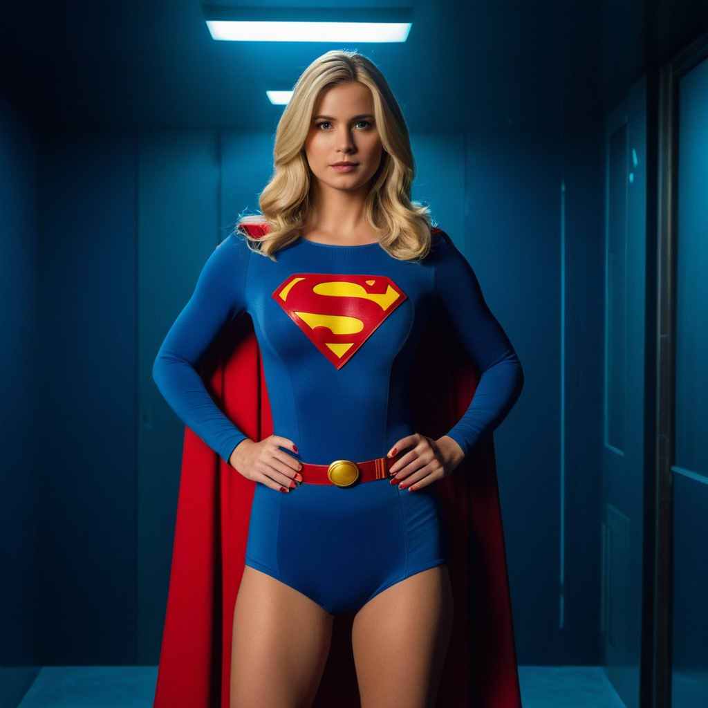 UHD, 4k, ultra detailed, cinematic, a photograph of  <lora:Superman Illu v1:1>
cinematic style A woman dressed as a blonde Supergirl standing in a dark blue room, solo, long blonde choppy hair, blonde hair, focus, cape, bodysuit, realistic, retro artstyle, superhero, long hair, 1person, human focus, 1female, skirt, gloves, belt, pantyhose, red cape, human focus, human focus, human focus,  human focus, looking to the side, western comics (style), 1970s (style)
, epic, beautiful lighting, inpsiring