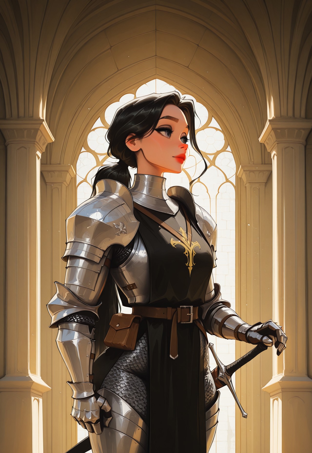 safe_pos, sam yang, detailed_\eyes\, \eye\ reflection, ((mature female)), (((adult))), 1girl, (solo), small breasts, huge ass, bottom heavy, massive wide hips, (grey eyes), very long hair, (black_hair), (low_ponytail), (long_ponytail), waist belt, belt_pouch, (((knight))), (((full armor))), chausses, ((gothic plate armor)), gorget, bevor, couter, cuirass, pauldrons, gauntlets, vembrances, rerebraces, faulds, greaves, (chainmail), ((long white and black tabard)), (((sheathed))), hand on hilt, scabbard, longsword, knife, (((unaware))), looking away, sensual, sexy, ((expressive brushwork and texture)), indoors, castle, complex scene, masterpiece, best quality, amazing quality, year 2024, premiere quality, incredibly absurdres, official art, original, newest, highres, absurdres