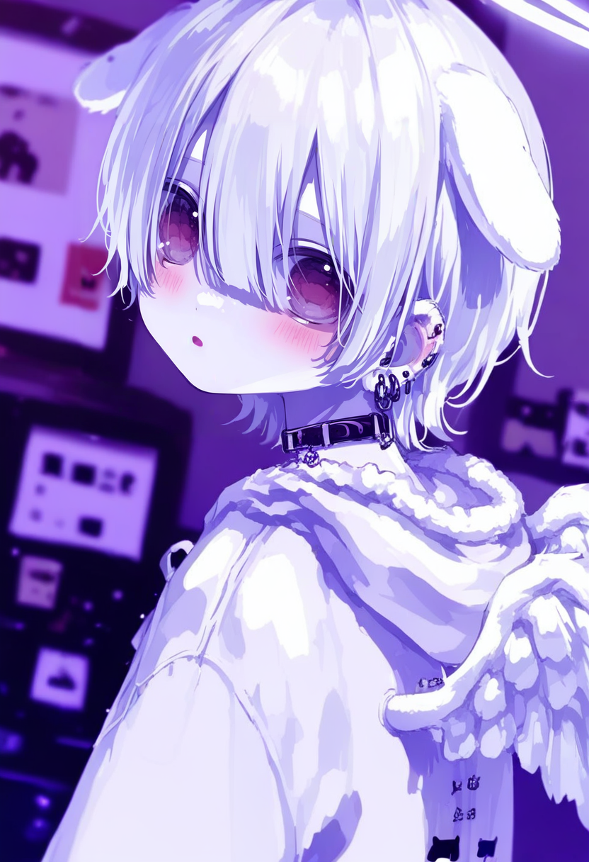animal ears, white hair, pale skin, male focus, wings, ear piercing, dog boy, 1boy, angel wings, dog ears, hood, jewelry, hoodie, piercing, solo, looking at viewer, earrings, collar, androgynous, choker, short hair, blush, hood down <lora:748cmXL_NBVP1_lokr_V6311PZ:0.95>