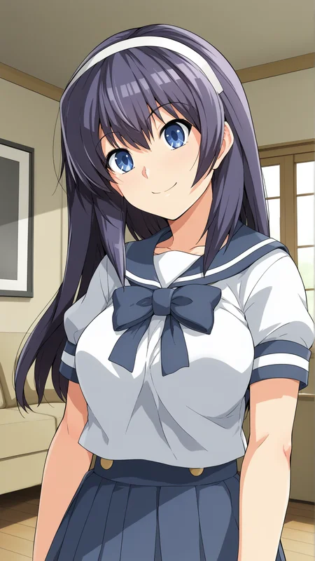 score_9, score_8_up, score_7_up, BREAK (source_anime:1.2), best quality, masterpiece, uncensored,ultra detailed,unreal engine 5,8k,studio lighting,in living room,
1girl,solo,smile,
<lora:yuina_xl:1> yuina, long hair, blue eyes, hairband, purple hair,
standing,upper body, serafuku,