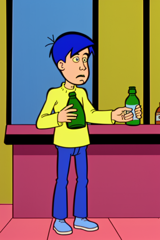 <lora:Andy_French_Mission_Hill_1999:1> andy_french, 1boy, frown, holding bottle, standing at bar,<lora:LCM_SD15:1.0>