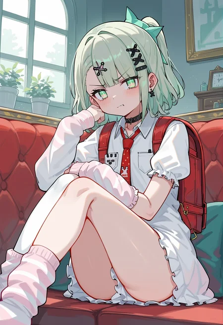 1girl, green hair, medium hair, gradient eyes, green eyes, pink eyes, single sidelock, x hair ornament, side ponytail, ribbon, choker, white shirt, necktie, short sleeves, puffy sleeves, arm warmers, skirt, fur trim, asymmetrical legwear, leg warmers, backpack, sitting, couch, indoors, mansion, disgust, looking at viewer <lora:chinatsu_remiel_zzz:1>, score_9, score_8_up, score_7_up, score_6_up, score_5_up, score_4_up, BREAK source_anime, masterpiece