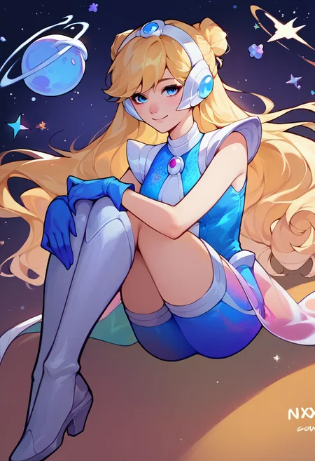score_9, score_8_up, score_7_up, score_6_up, source_anime, 1girl, solo,  <lora:lux-pdxl-nvwls-v1-000005:1> spclux, blonde hair, blue eyes, hair buns, headphones, blue leotard, blue gloves, see-through skirt, blue shorts, thigh boots, fetal position, outer space, looking at you, holding own knees, smile