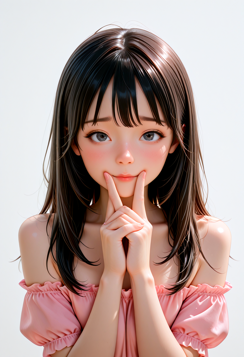 IllusP0s, masterpiece, best quality, amazing quality, very aesthetic, absurdres, newest, ((dynamic angle:1.4)), (detailed eyes:1.4),((ultra detailed hair:1.4)) 
BREAK 
1girl, 1girl, ka0ru-1zud,black eyes, long hair, (sparkling eyes:0.8), ((No makeup))  <lora:Kaoru_-_Izu_Dancer_-_AI_Challenge:0.6>
puffy short sleeves, bare shoulders, off-shoulder shirt, collarbone, pink shirt, frills, 
BREAK 
((blank background)) ((upper body)),straight-on, waving hand slightly, Nostalgic
v over mouth, 
Shy, Embarrassed
own hands clasped