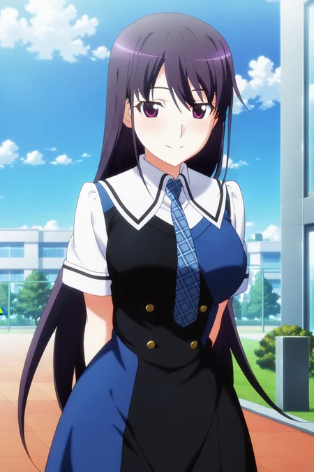 anime screenshot, anime coloring, sakaki yumiko, 1girl, solo, black hair, long hair, purple eyes, large breasts, school uniform, pinafore dress, black dress, blue dress, two-tone dress, short sleeves, white shirt, blue necktie, plaid necktie, looking at viewer, smile, arms behind back, cowboy shot, outdoors, day, blue sky, masterpiece, best quality, high quality, highres, absurdres, <lora:sakaki_yumiko_ILXL:0.9>