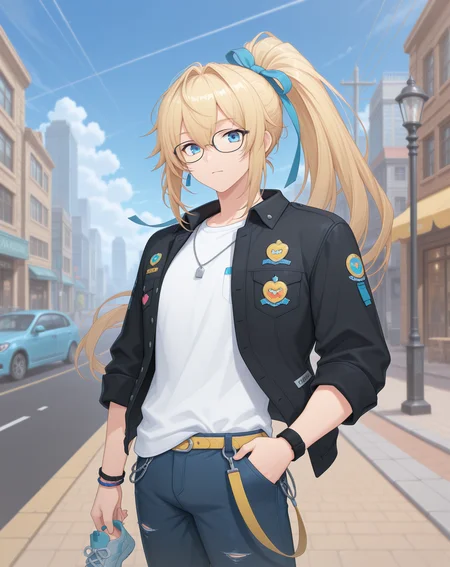 masterpiece,best quality,amazing quality, newest, very aesthetic, absurdres,
1boy, solo, yaoi, male focus, looking at viewer, cowboy shot, standing,
<lora:Grandiel_Commentator_ilxl:1> grandielcommentator, blonde hair, blue eyes, glasses, high ponytail, black-framed eyewear, hair between eyes, sidelocks, hair intakes,
white shirt, jeans, sneakers,
outdoors, day, blue sky, building, street, road, lamppost, car,