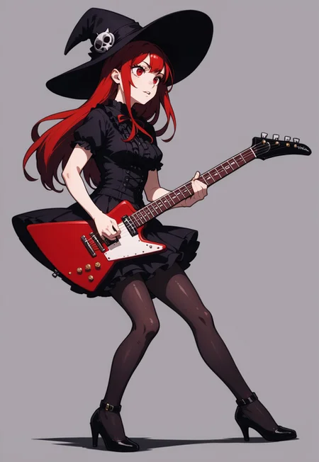 safe_pos, 1girl, red hair, long hair, red eyes, black witch hat, black short sleeve blouse, black short frill skirt, black pantyhose, high heels,
full body, stand, simple background, medium breasts,
score_9, score_8_up, score_7_up,
playing electric guitar, f-hole electric guitar, <lora:explorer-pony-000006:0.75>