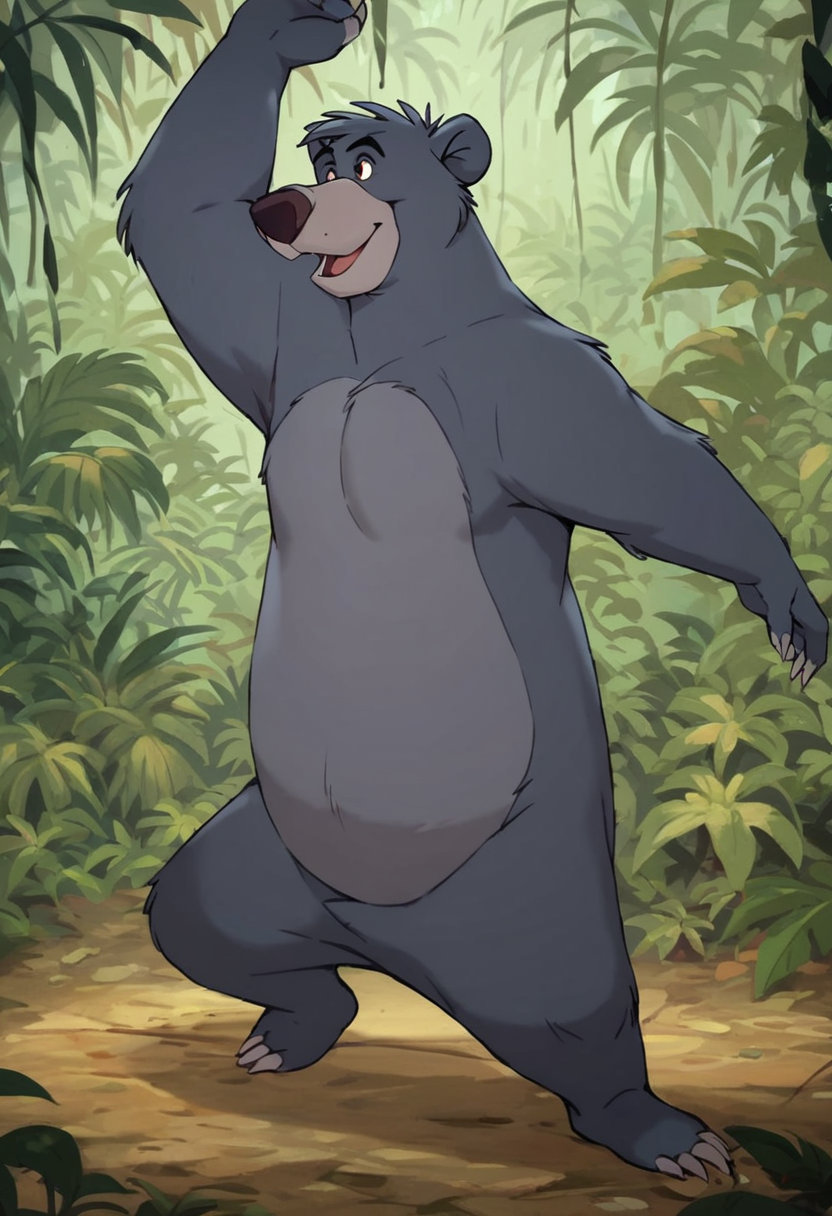 score_9, score_8_up, score_7, score_6_up, score_5, jungle in background, solo, 
(baloo:1.2, bear), two tone fur, dark grey and light grey fur, male, brown eyes,
dancing, furry body, fur, full body,
 <lora:Furry_Lora_Baloo_Jungle_Book:0.6>
