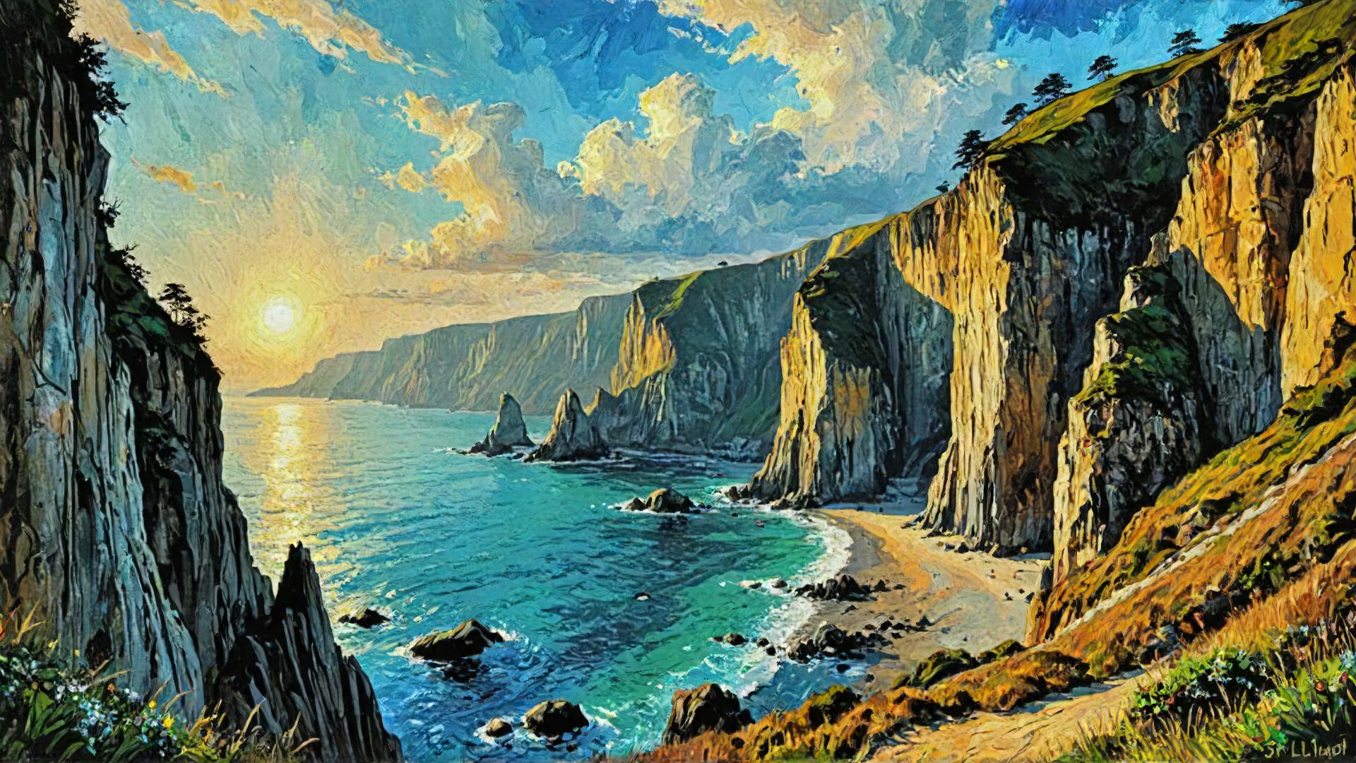 painterly,  <lora:LCMTurboMix_Euler_A_fix:1> (<lora:CelestialPunkAI:0.6> celestialpunkai, lun4r, st3llar, theme:1.5),  (coastal cliffs landscape)   scenery , Oil painting filter, Leading Lines composition