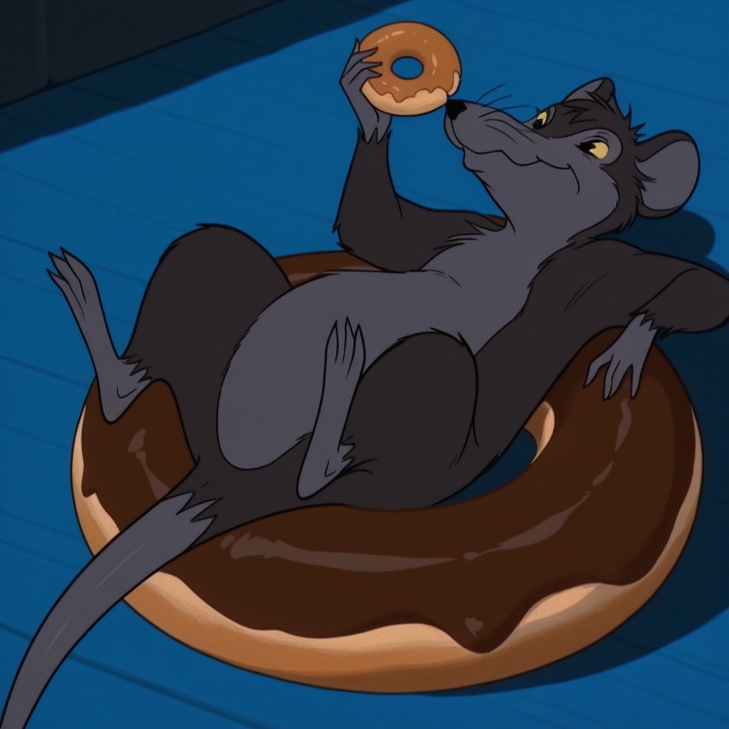 masterpiece, best quality, amazing quality, templetoncwil, feral, male, rat_boy, grey fur, black eyes, yellow sclera, lying, on back, eating donut, outside, solo