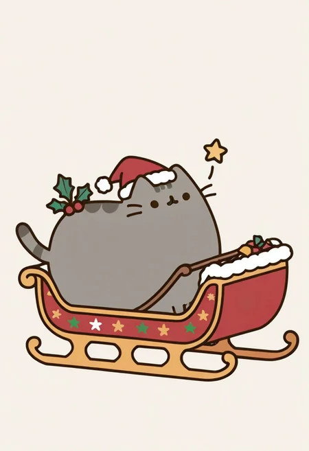 masterpiece, best quality, Pusheen, simple background, sleigh, Christmas theme,