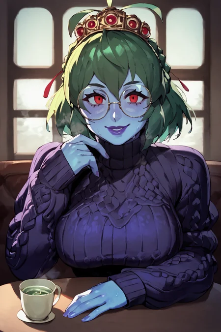 <lora:latex_under_clothes:1>latex under clothes, bodysuit, looking at viewer,  hair in crown braid, thick fuzzy sweater, large round glasses, nerdy, blue skin, red eyes, bright green hair, large breasts, sitting in a French cafe, steaming pot of tea on table, leaning on table, supporting head with hands , smiling, purple lipstick, next to a window showing a busy street <lora:RD-MAnon-XLV1.1:1> female, steamy body, sweating,, source_anime, score_9_up,  score_7_up, score_8_up