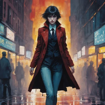 impressionistic bidimensional a biracial goth girl dressed in playful colours instead of black, action pose by a tardis, watercolor (monet:1.2) dadaistic collage (by Bill Sienkiewicz:1.5), night city. Beautiful face. resplendent spotlight effect, alcohol and gold leaf highlights.