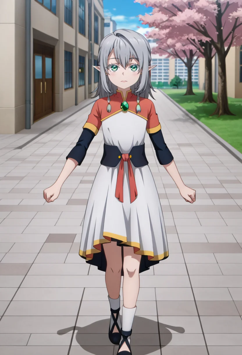 <lora:Young Tessia_IL:1>Young Tessia, 1girl, gray hair, pointed ears, elf, green eyes, white asymmetrical dress with yellow trim, red sash waist tie, black long-sleeve undershirt, green gem pendant necklace, white thigh-high socks, black crisscross strap shoes
 Office building plaza with cherry blossom trees