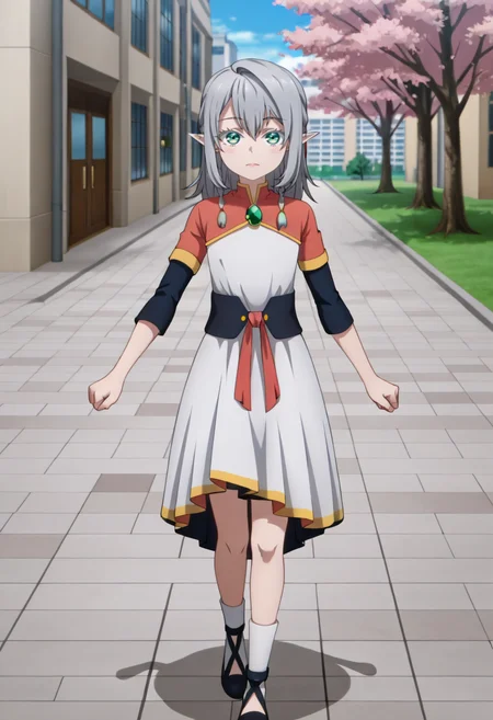 <lora:Young Tessia_IL:1>Young Tessia, 1girl, gray hair, pointed ears, elf, green eyes, white asymmetrical dress with yellow trim, red sash waist tie, black long-sleeve undershirt, green gem pendant necklace, white thigh-high socks, black crisscross strap shoes
Office building plaza with cherry blossom trees