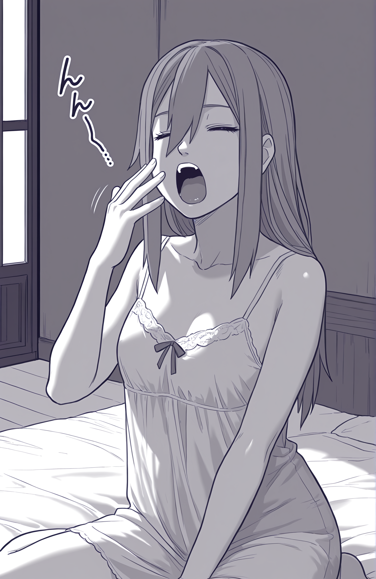 masterpiece, best quality, 1girl, monochrome, greyscale, purple theme,  long hair, hair between eyes, sidelocks, indoors, nightgown, yawning,  <lora:Tayuya IXL 2:1>