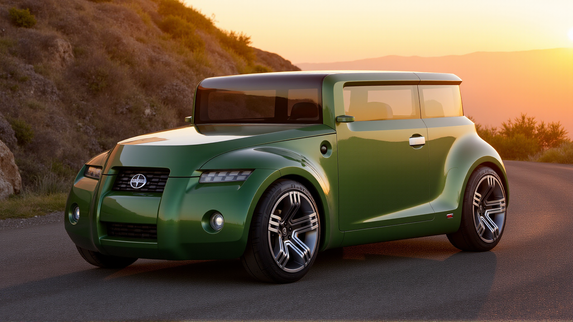 A photorealistic depiction of the Scion Hako Coupe Concept parked on a winding mountain road at sunrise. The carâs bold, boxy proportions are finished in a metallic forest green paint, blending harmoniously with the rugged natural surroundings. Golden sunlight glimmers off the wraparound panoramic glass, emphasizing its futuristic design. The wide grille, narrow horizontal LED headlights, and circular fog lights add contrast and sharpness to the serene backdrop. The polished multi-spoke alloy wheels and sculpted wheel arches rest on the curved asphalt, surrounded by rocky cliffs and sparse greenery
 <lora:ral-hkcpcncpt_000004000:1>