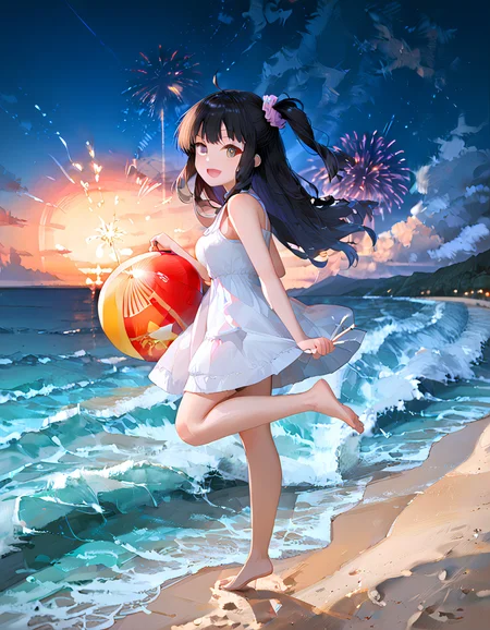 score_9_up, score_9, score_8_up, score_7_up, rating_explicit, perfect quality,high quality,masterpiece,best quality,amazing quality,very aesthetic,Cinematic Lighting,newest,Tactical use of shadow,
1girl,solo,long hair,black hair,hair between eyes,ahoge,purple eyes,AyanoKimishima Cyql,
sparkler, outdoors, fireworks, barefoot, dress, scenery, sky, smile, night, white dress, ocean, open mouth, standing, beach, cloud, holding fireworks, looking at viewer, water, standing on one leg, horizon, one side up, from side, :d, blush, night sky, sleeveless dress, city lights, multicololens flare, sleeveless, blurry, bokeh, sundress, shore, holding, bare shoulders, full body, bare arms, depth of field, sunset, scrunchie, breasts, mountainous horizon, mountain, cloudy sky,  waves, blurry background,  star (sky), blue sky, sand,  leg up, sun, looking to the side, lights, reflection, walking, moon, bare legs, floating hair,
<lora:ponyv4_noob1_2_adamW-000017:0.7>,<lora:spo_sdxl_10ep_4k-data_lora_webui:0.6>,<lora:USNR STYLE_XL_lokr:0.45>,<lora:illustrious_all_rated_v1:0.7>,<lora:96YOTTEA-WAI:0.8>,<lora:Ayano Kimishima_Illustrious by Cyql:1>,