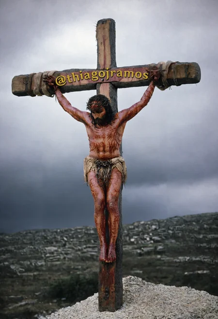 full shot, front view, full body, solo, JesusPassionOfChrist crucifixion with a cross on his back, (arms up, \o/:1.2), crown of thorns, looking up, wearing a white loincloth, Bound wrists, Bound ankles, Standing, very long Wood Cross, Spread arms, Legs together, suspension, whip marks, Swollen eye, blood on wounds, dark cloudy sky, Golgotha hill, somber atmosphere, an epic dramatic cinematic double exposure, <lora:JesusPassionOfChrist:1>, <lora:The Passion of the Christ style:0.8>