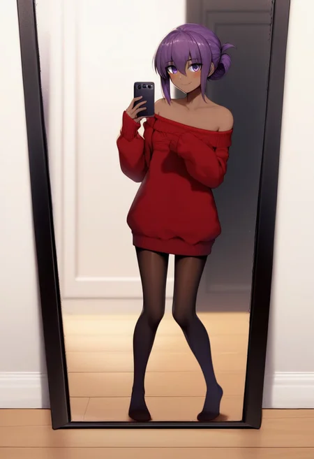 score_9, score_8_up, score_7_up, d
f3m4l3povs3lf13m1rr0r,female_pov_selfie_mirror,female pov selfie mirror, 1girl, solo, looking at viewer, blush, smile, bangs, long sleeves, dress, holding, hair between eyes, bare shoulders, closed mouth, standing, purple eyes, collarbone, full body, purple hair, pantyhose, sidelocks, puffy sleeves, indoors, hand up, dark skin, off shoulder, sweater, dark-skinned female, sleeves past wrists, black pantyhose, no shoes, phone, cellphone, puffy long sleeves, reflection, holding phone, wooden floor, mirror, selfie, sweater dress, off-shoulder sweater, red sweater, very dark skin, hassan of serenity (fate)