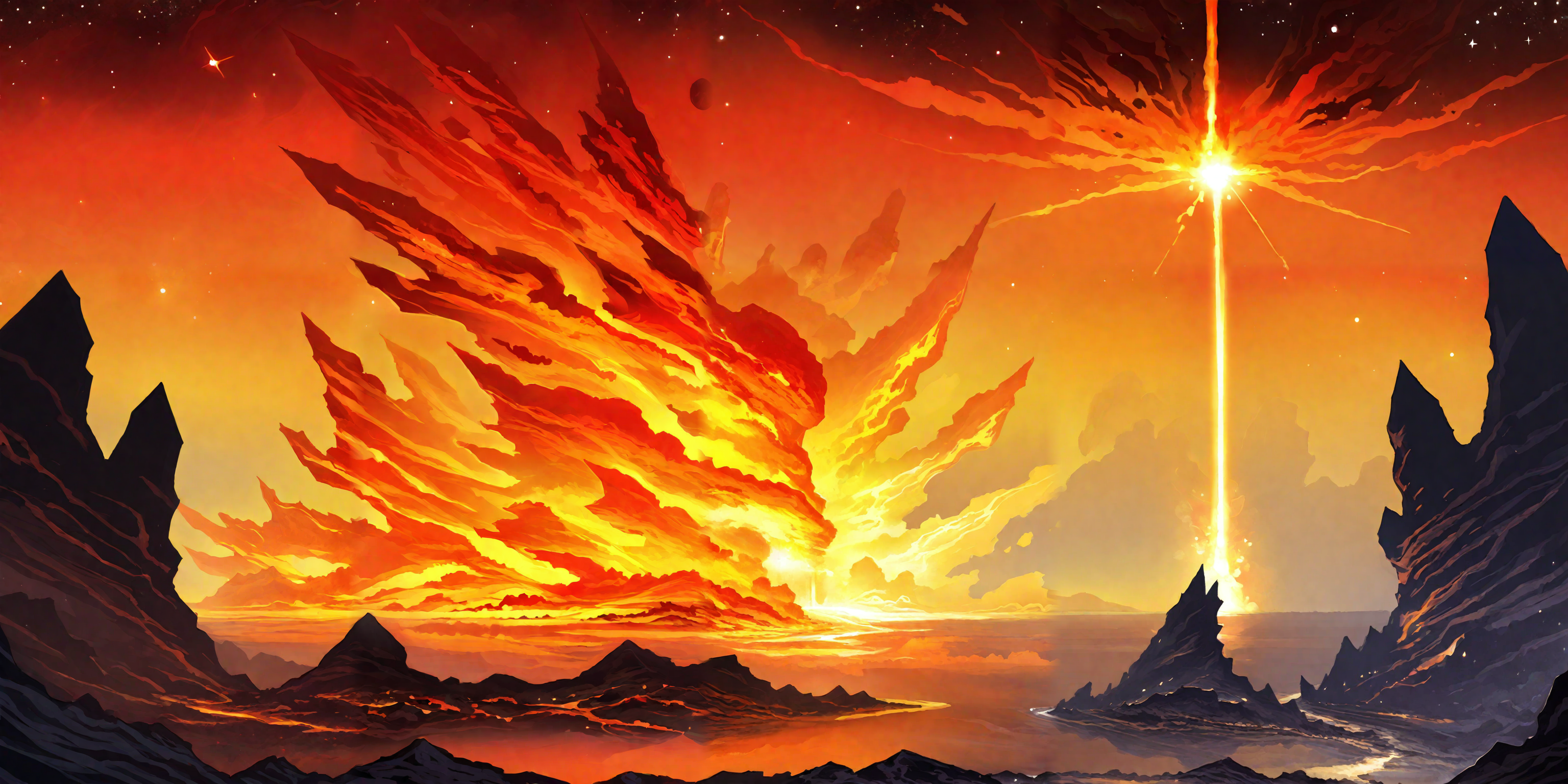 A surreal landscape where a vibrant sunset sky fades into a starry night, blending seamlessly with the reflection of an ocean that transitions from crystal-clear water into a deep abyss. Jagged icebergs contrast with molten lava flows, all connected by ethereal mist and glowing embers that float through the scene. The horizon blurs where the sky meets the ocean, with soft light transitioning into darkness, sunset_sky, starry_night, ocean_reflection, crystal_water, deep_abyss, icebergs, molten_lava, ethereal_mist, glowing_embers, contrast, blend, cinematic (blending:1.4), (contrast:1.3), (surreal:1.2)(top_down_view:1.4), (scale:1.2), (depth:1.2)<lora:add-detail-xl:1>   <lora:Test:0.8> <lora:detailed_notrigger:1> <lora:Feng_Zhu_Style:1.5>  <lora:JuggerCineXL2:1>