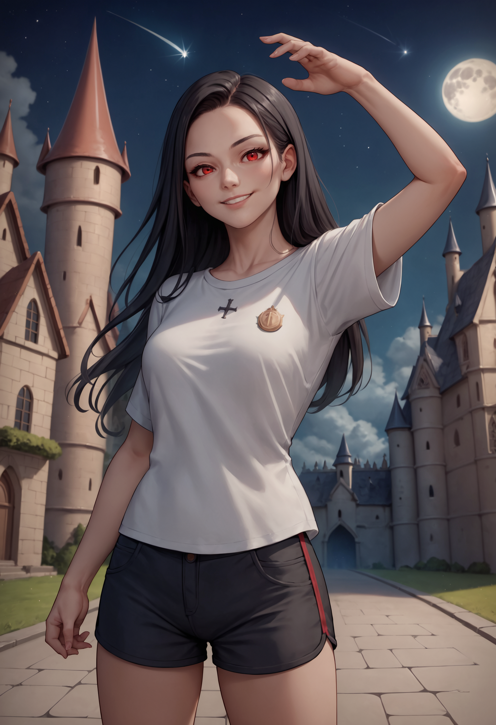 score_9, score_8_up, score_7_up, source_anime, 1girl, solo, black hair, long hair, red eyes, shirt, white shirt, shorts, short shorts, black shorts, cloud, moon, Hogwarts, (castle hill), night sky, stand on street, shooting star, (strong pose), looking at viewer, seductive smile,