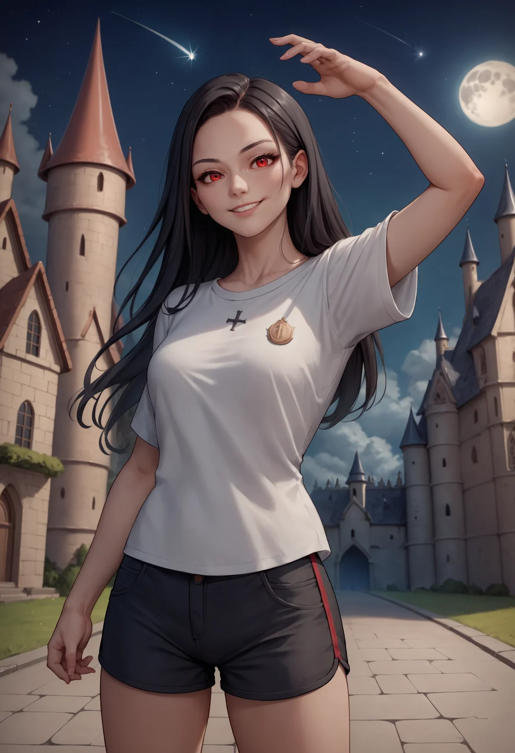 score_9, score_8_up, score_7_up, source_anime, 1girl, solo, black hair, long hair, red eyes, shirt, white shirt, shorts, short shorts, black shorts, cloud, moon, Hogwarts, (castle hill), night sky, stand on street, shooting star, (strong pose), looking at viewer, seductive smile,