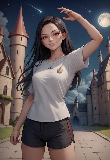 score_9, score_8_up, score_7_up, source_anime, 1girl, solo, black hair, long hair, red eyes, shirt, white shirt, shorts, short shorts, black shorts, cloud, moon, Hogwarts, (castle hill), night sky, stand on street, shooting star, (strong pose), looking at viewer, seductive smile,