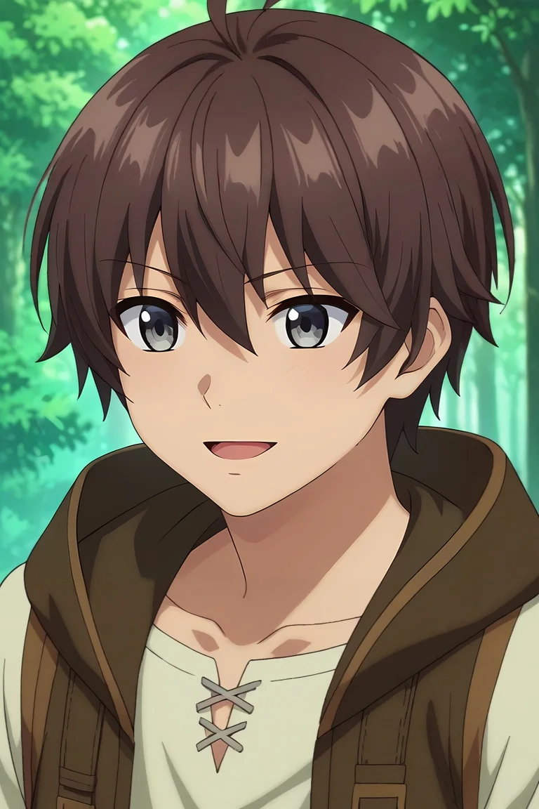 score_9, score_8_up, score_7_up, source_anime, rating_safe, intricate details, semi-realistic, , , 1boy, solo, male focus, <lora:noir_stalgia_pony:0.84>, noir_stalgia, brown hair, grey eyes, short hair, hair between eyes, bangs, ahoge, straight-on, forest, dark, leaning on object, laughing, , <lora:sdxl_lightning_8step_lora:1>