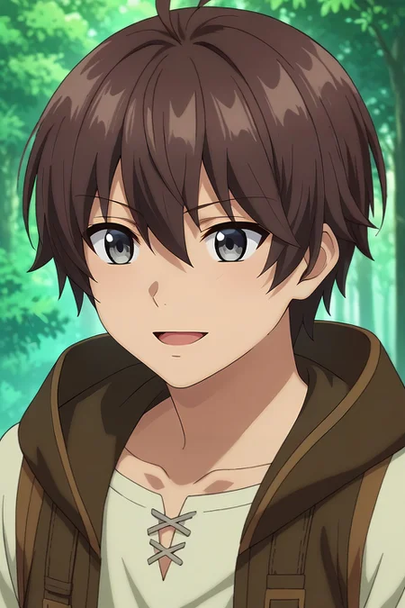 score_9, score_8_up, score_7_up, source_anime, rating_safe, intricate details, semi-realistic, , , 1boy, solo, male focus, <lora:noir_stalgia_pony:0.84>, noir_stalgia, brown hair, grey eyes, short hair, hair between eyes, bangs, ahoge, straight-on, forest, dark, leaning on object, laughing, , <lora:sdxl_lightning_8step_lora:1>