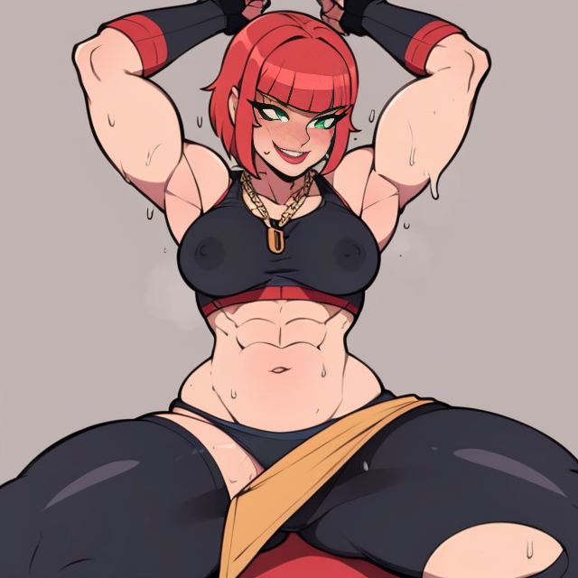 Marisa,short red hair, blunt bangs, makeup, green eyes ,muscular, biceps, close up, smile,  flexing,  sweat,  smelly, blush, legs spread
Mattire, fingerless gloves, black sports bra with gold trim, big  chain necklace, toeless legwear, bike shorts, small skirt,  tight attire,
((insanely detailed, beautiful detailed face, masterpiece, best quality))  <lora:Marisa-10:0.7>