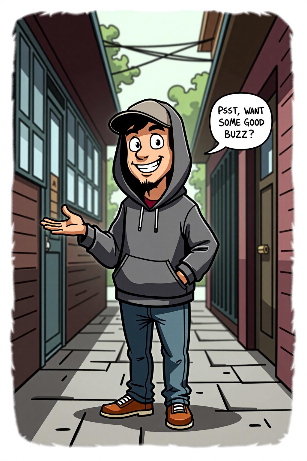 A drug dealer character in a humorous style. The character is wearing a hoodie and baseball cap, with a slightly exaggerated, cartoonish smile. He stands in a casual alleyway setting with one hand outstretched, hA speech bubble next to him says, "Pssst, WANT SOME GOOD BUZZ ?" The vibe is fun and mischievous, with no dangerous elements <lora:schnell_v1.0:1.0><lora:795089942461255239:0>