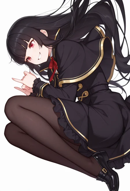 Smooth Quality,masterpiece,very intricate, high quality details, ultra realistic, high detailed skin,detailed enviorement,absurdres,
pinky out,
<lora:Atre_CNR:0.8> atre_cnr, 1girl, black hair, very long hair,blunt bangs, red eyes,black dress,black capelet, pantyhose, long sleeves, ribbon, shoes,, simple background, white background, sideways,solo,, crazy smile,