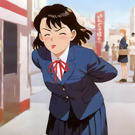 <lora:pony_xl_yawara:0.8>,yawara,score_9,score_8_up,score_7_up,source_anime,best quality,masterpiece,super fine illustration,1girl,solo,cowboy shot,grimace,frown,blush,closed eyes,cocked eyebrow,:p,tongue,tongue out,standing,arms_behind_back,leaning_forward,upper_body,front view,school uniform,blue blazer,white collared shirt,red ribbon,neck ribbon,dark blue skirt,pleated_skir,wrinkling of clothes,depth of field,city,street,