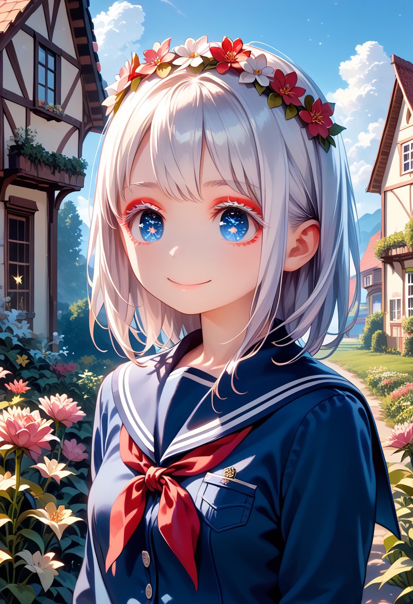 score_9, score_8_up, score_7_up, 1girl, MdaStarouP, masterpiece, best quality, ultra high res, smiling, happy, (detailed eyes:1.2), 8K, Best Quality, Masterpiece, Ultra High Resolution, (Realism: 1.4), Original Photo, (Realistic Skin Texture: 1.3), (Film Grain: 1.3), Sapphire Color Eyes and Beautiful Face Details, Highest Quality Picture Quality, white hair, blue eyes, (red eyeliner), (white eyeshadow), (white eyelashes) ,set in a fantasy world with sparkling stars, fantasy flower crown on her head, school uniform,messy, indoors, clutter, very aesthetic, scenery, outside, house, garden