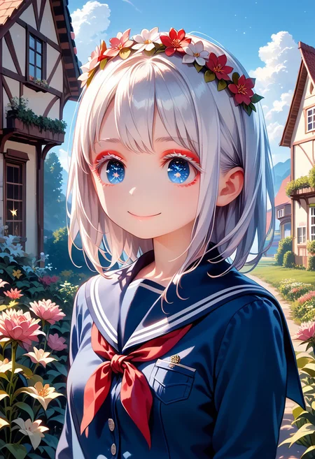 score_9, score_8_up, score_7_up, 1girl, MdaStarouP, masterpiece, best quality, ultra high res, smiling, happy, (detailed eyes:1.2), 8K, Best Quality, Masterpiece, Ultra High Resolution, (Realism: 1.4), Original Photo, (Realistic Skin Texture: 1.3), (Film Grain: 1.3), Sapphire Color Eyes and Beautiful Face Details, Highest Quality Picture Quality, white hair, blue eyes, (red eyeliner), (white eyeshadow), (white eyelashes) ,set in a fantasy world with sparkling stars, fantasy flower crown on her head, school uniform,messy, indoors, clutter, very aesthetic, scenery, outside, house, garden