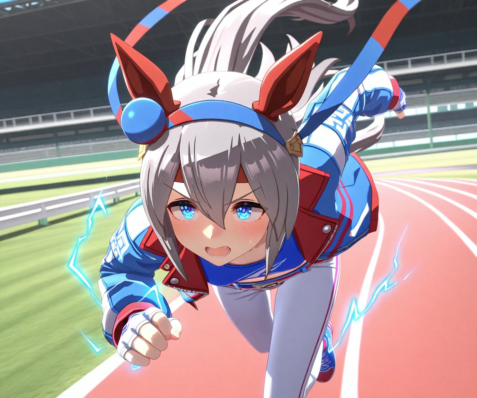 masterpiece, best quality, amazing quality, , 1girl, solo, umamusume, racetrack, running, blue electricity,     <lora:Tamamo Cross in game style ILL-v2:1> ummsmingame, 3d, tamamo cross \(umamusume\), crop top, blue jacket,