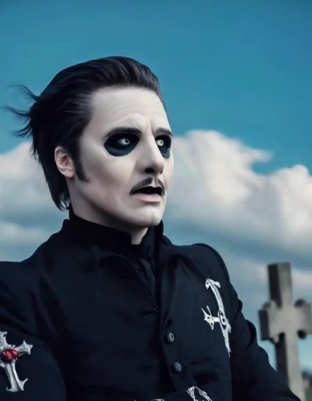 CardinalC, black hair, male focus, facepaint, mustache, black jacket, white sclera, at the graveyard, close-up, blue sky, tombstones, white clouds, meadow