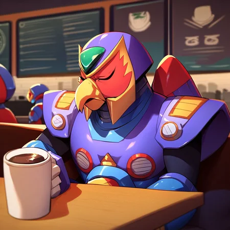 score_4_up, score_5_up, score_6_up, score_7_up, score_8_up, score_9_up, Storm eagle, arm cannon, purple armor, helmet, beak, upper body, coffee shop background, sitting, table, holding coffee cup, sipping, eyes closed, indoors, cityscape