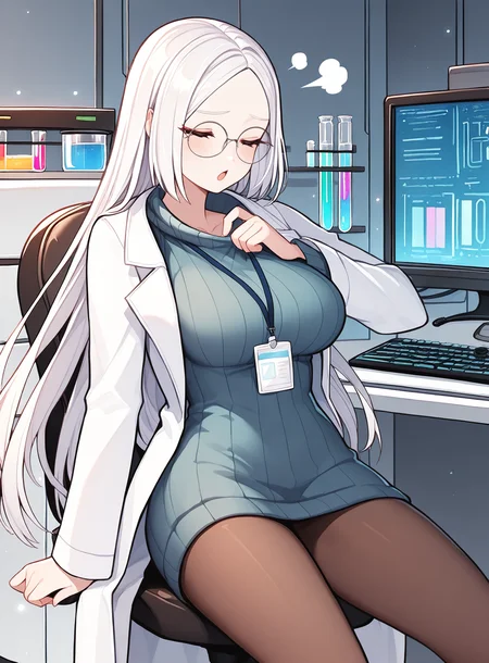 masterpiece, best quality, woman, solo, sweater dress, round eyewear, office chair, lab coat, ribbed dress, large breasts, (adjusting collar, collar tug, clothes pull:1.1), sigh, closed eyes, white hair, parted bangs, forehead, cowboy shot, legs apart, (leaning back:1.1), sitting, open mouth, office desk, test tube rack, [laboratory|office], armrest, (collarbone:0.7), pinching, brown pantyhose, lanyard, detailed background, light particles, very long hair, straight hair, monitor, keyboard, blush, eyelashes, <lora:kingsstyle-illu-beta2-25:1>