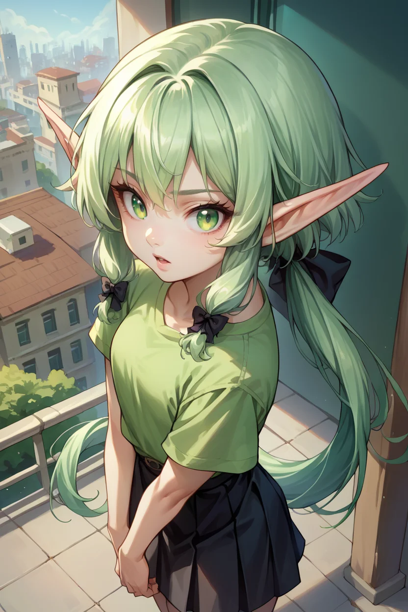 score_9, score_8_up, score_7_up, score_6_up, source_anime, 1girl, solo <lora:gself-pdxl-nvwls-v1-000005:1> gself, pointy ears, green hair, green eyes, sidelocks, ponytail, black bow, green t-shirt, black skirt, looking at you, chestnut mouth, city, elf, from above