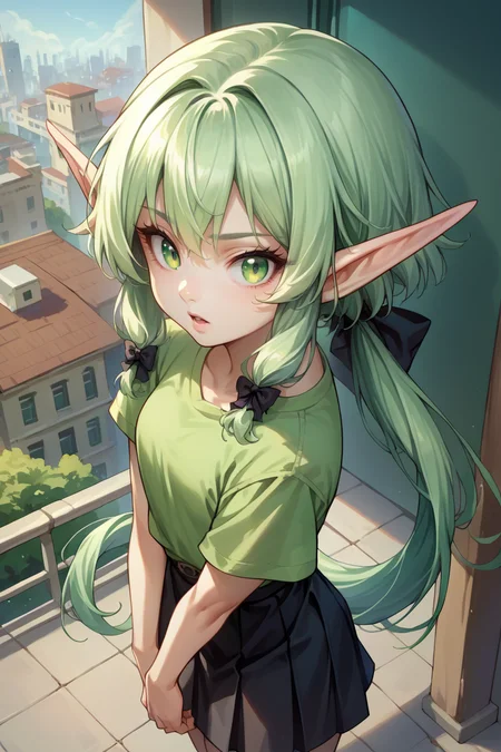 score_9, score_8_up, score_7_up, score_6_up, source_anime, 1girl, solo  <lora:gself-pdxl-nvwls-v1-000005:1> gself, pointy ears, green hair, green eyes, sidelocks, ponytail, black bow, green t-shirt, black skirt, looking at you, chestnut mouth, city, elf, from above