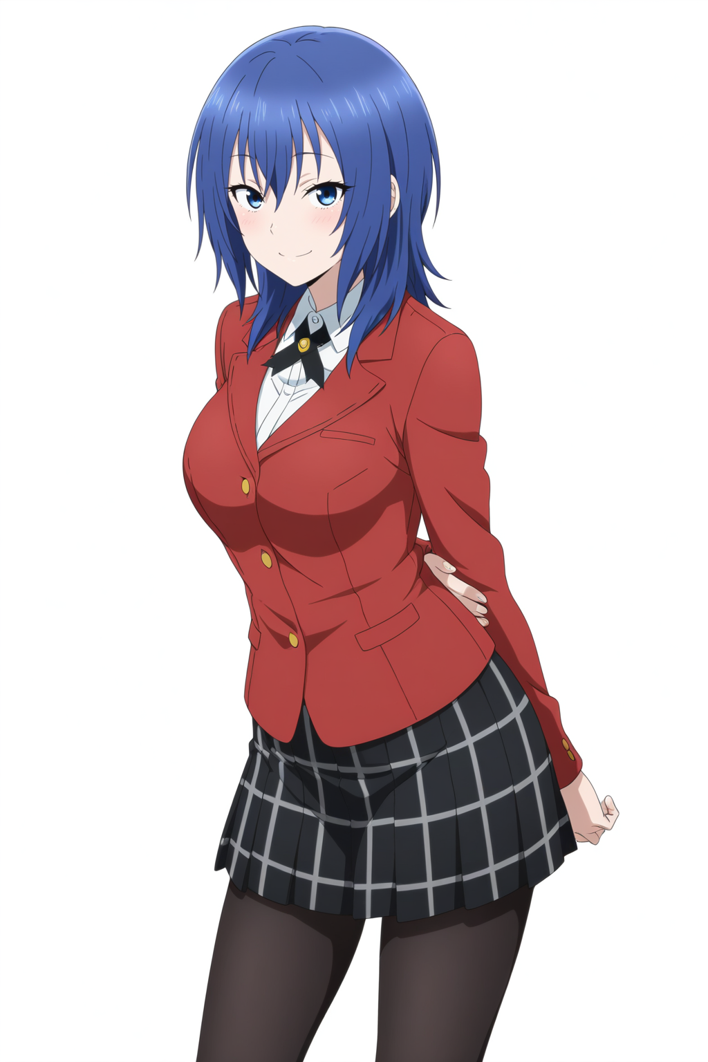 masterpiece, best quality, amazing quality, 
1girl ,solo, standing, (white background, blank background, looking at viewer:1.2), cowboy shot, smile,  cross tie, collared shirt, white shirt, checkered skirt, pleated skirt, black skirt, black pantyhose, red jacket, (aged up:1.2), natural pose, Main Outfit,
<lora:il_contrast_slider_d1 (Ð¦ÐÐÐ¢ ÐÐÐ Ð¢ÐÐÐÐ):-0.8>
 <lora:Chika Suzugamori:0.8> chika_suzugamori, 1girl,