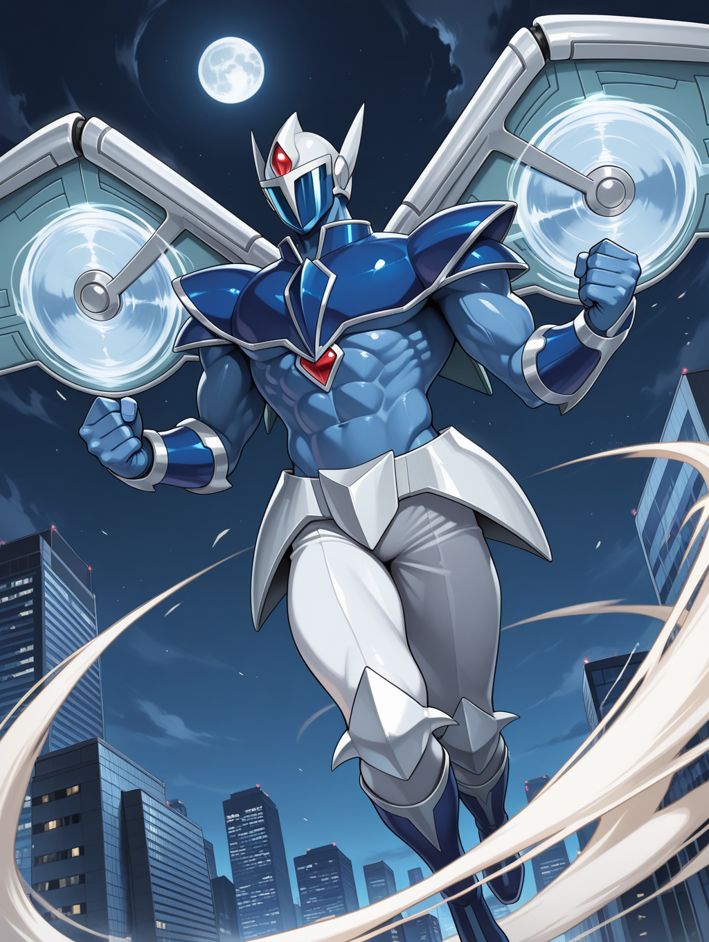 1boy,elemental hero stratos,solo,male focus,clenched hands,abs,tokusatsu,no humans,muscular male,covered face,white helmet,blue full bodysuit,blue shoulder armor,white mechanical wings,blue vambraces,white pants,blue boots,white armored skirt,wind,flying,looking at viewer,from below,night sky,full moon,skyscraper,incoming attack,flying
masterpiece,best quality,amazing quality,very aesthetic,absurdres,newest,<lora:Elemental HERO Stratos illuXL v1:0.73>,