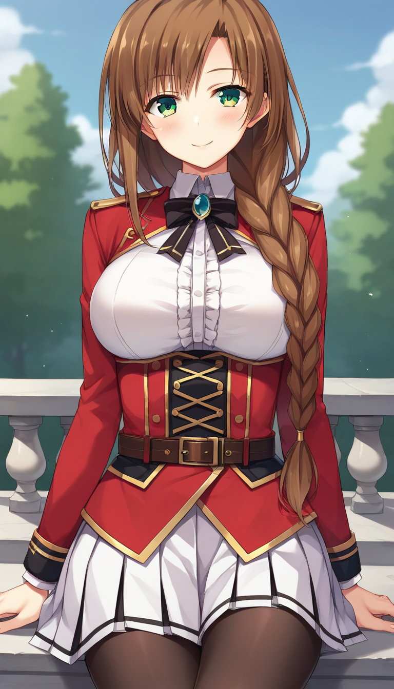 score_9,score_8_up,masterpiece,best quality,correct anatomy,anime_source,1girl,solo,perfect eyes,perfect arms,perfect legs,perfect face,outdoors,upper body,(portrait:1.5),looking at viewer,facing viewer,smile,blush,Kuninaka Kaori,very long hair,brown hair,single braid,hair over shoulder,sidelocks,bangs,green eyes,uniform,black bowtie,black ribbon,brooch,red jacket,cropped jacket,white shirt,collared shirt,center frills,shirt breasts out,red corset,long sleeves,large breasts,underbust,jewelry,miniskirt,white skirt,pleated skirt,black pantyhose,boots,brown footwear,<lora:Kuninaka Kaori(kpk)-Pony:1.1>,