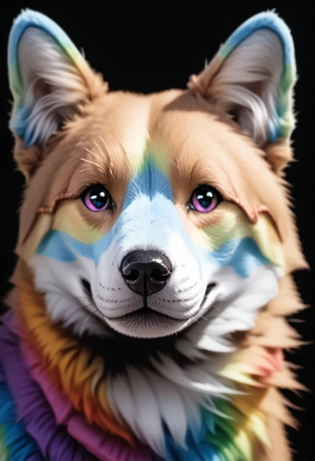 prideb4fall, no humans, simple background, animal focus, realistic, rainbow fur, rainbow lighting, black background, solo, animal, looking at viewer, dog, portrait, rainbow eyes, made of rainbows, rainbow overlay, pride month, rainbows
zPDXL2