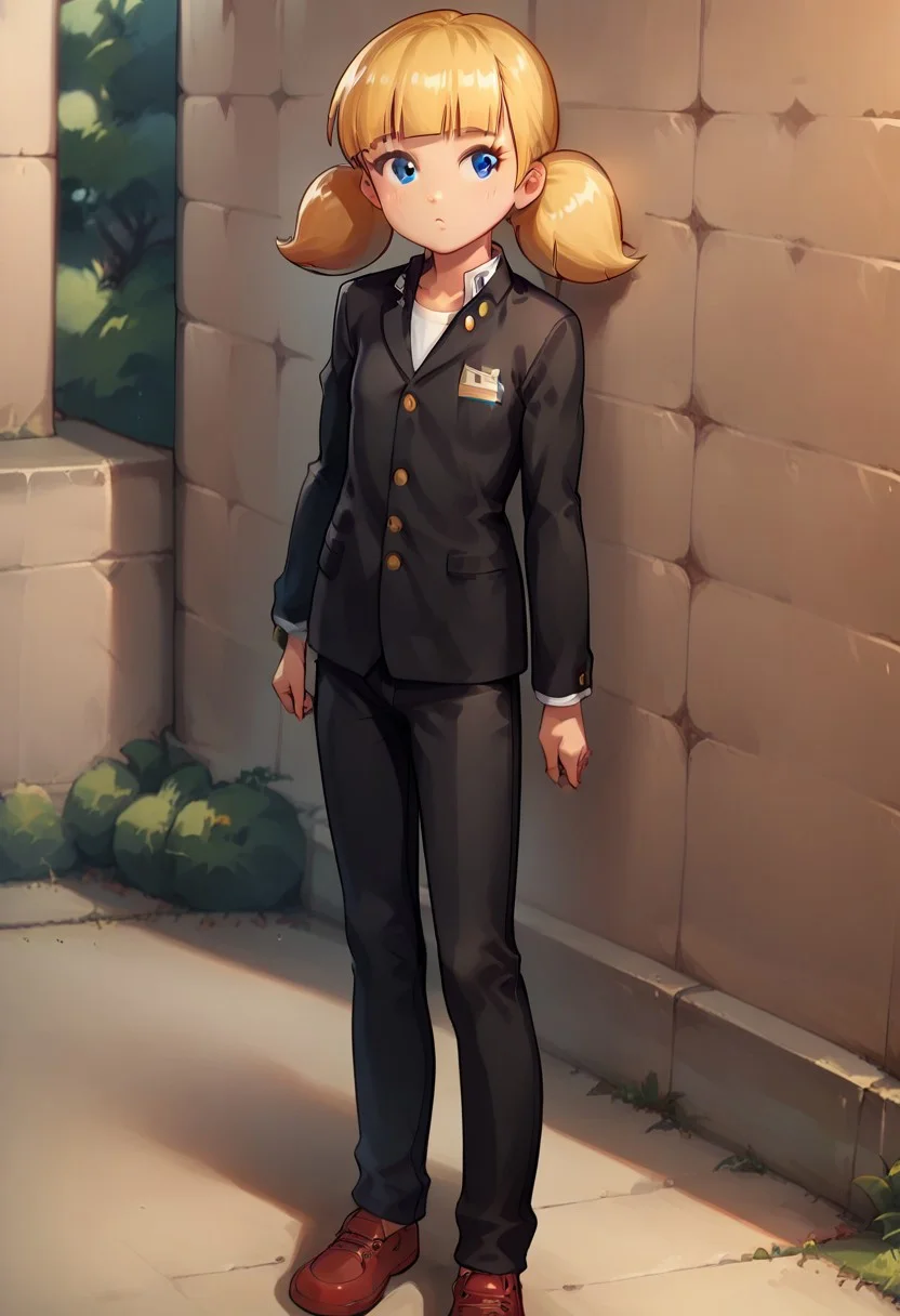 score_8, score_8_up, score_7_up, score_6_up, source_cartoon, BREAK, 1girl, solo, female focus, penny_ig, blonde hair, twintails, blue eyes, flat chest, gakuran ,school uniform, black uniform, black pants, long sleeves, pants, crossdressing, full body, standing, street, outdoors, looking at viewer
