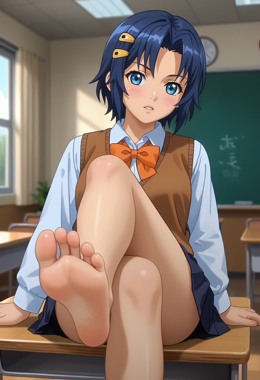 score_7_up, anime screencap,
<lora:RyouSeibai_MukuchiKuuXL:0.8>, MukuchiKuu,
1girl, solo, parted lips, blush,
short hair, blue hair, blue eyes, hairclip,
school uniform, brown vest, white shirt, orange bowtie, pleated skirt, black skirt,
sitting, crossed legs, foot focus, table, looking at viewer,
blurry background, indoors, classroom
