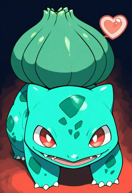 Pst,
bulbasaur, pokemon,, no humans, fangs, red eyes, white pupils, pokemon (creature), claws
,solo,finger_heart gesture
