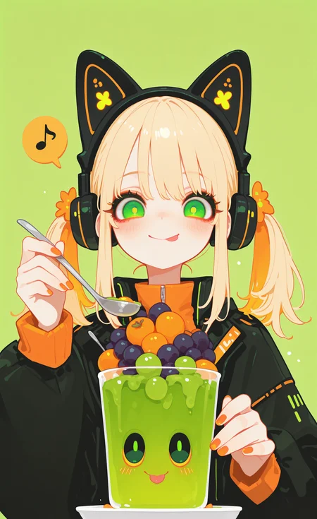 masterpiece, best quality, good quality, newest, highres, absurdres, 1girl, blush, smile, blonde hair, long sleeves, hair ornament, holding, animal ears, closed mouth, twintails, green eyes, jacket, food, tongue, tongue out, nail polish, open jacket, fake animal ears, fruit, headphones, musical note, green background, spoon, eighth note, holding spoon, green theme, spoken musical note, grapes, animal ear headphones, cat ear headphones, orange nails,big eyes, xxx667_illu, glowing, tfaix, haiz_ai, no lineart,no outline, <lora:illustriousXL_stabilizer_v1.23:0.3> <lora:NOOB_vp1_detailer_by_volnovik_v1:0.3> <lora:ponyv6_noobE11_2_adamW-000017:0.3> <lora:XXX667:0.7> <lora:checkpoint-e18_s306:1.25> <lora:tenebriflora-wai:0.5> <lora:haiz_ai_illu:0.7>